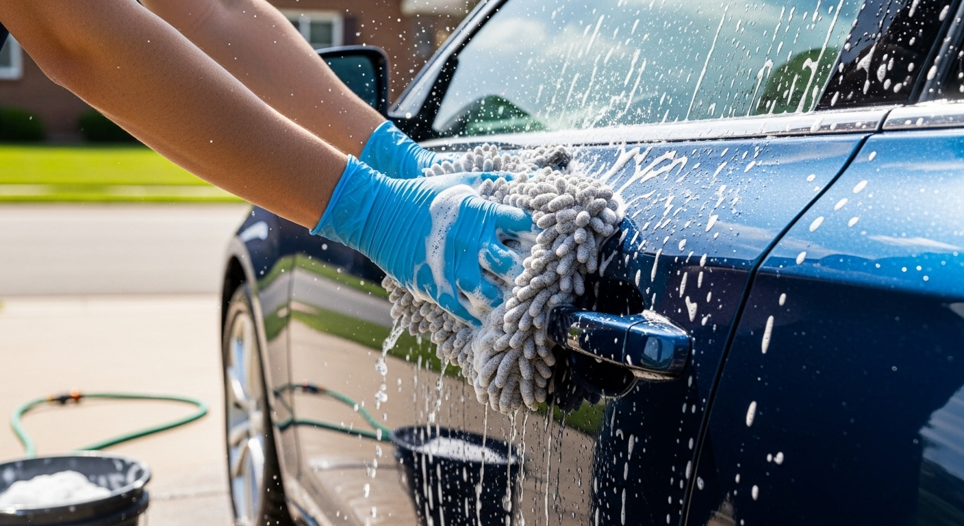 Closeup of Man's hand washing the car